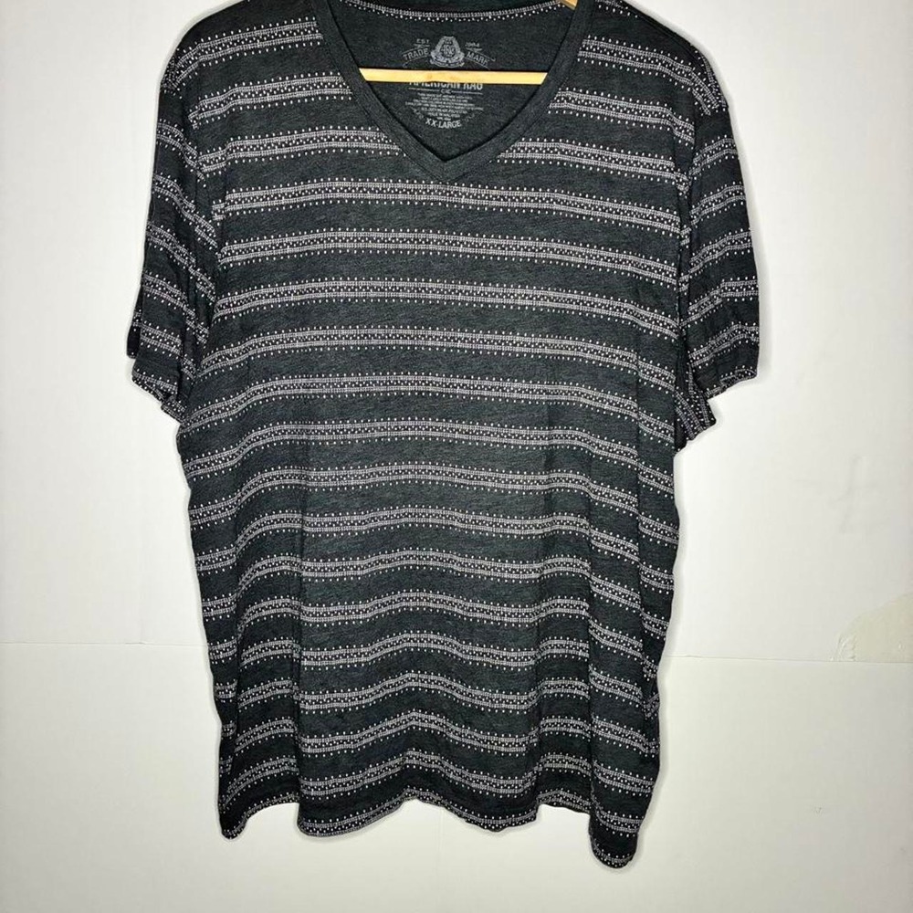 American Rag Men's XXL Black & Gray Striped V-Neck Cotton & Polyester T-Shirt